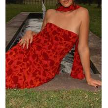 Womens Floral Strapless Dress Y2k Backless Sleeveless Tube Maxi Long Dresses Sexy Mesh Bodycon Summer Beachwear - Dark Red - 查看 3