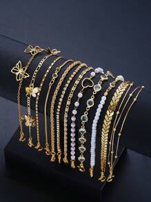 12pcs Butterfly & Heart Shaped Rhinestone Anklet Set, Women Summer Beach Holiday Party Accessory - Style 1 - View 5