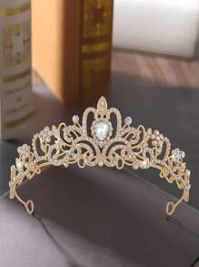 1pc Glass Crown, 1pc Elegant Golden Princess Crown Headpiece, Hoop, Crown For Women, European & American Style, Suitable For Ball, Birthday Party, Wedding, Portrait, Alloy Crystal Bridal Crown, Event Decoration, Cosplay Prop, Kimono Accessory Valentine's Day Accessories - Gold - View 2