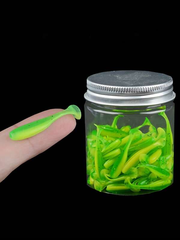 100 pièces d'appâts dans une bouteille, appâts souples à queue en T de 3,5 cm, hameçon à tête plombée, ver de terre à coulée lente, bar, bouche de carpe tordue, petit et micro-leurre, avec lumière de nuit