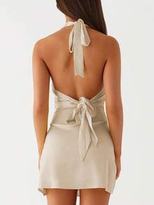 European & American New Summer Spaghetti Strap Tie Backless Deep V-Neck Bodycon Party Dress - Apricot - View 4