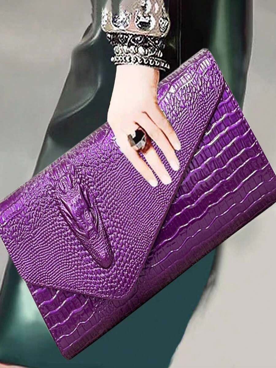 Luxury PU Leather Crossbody Bag, Fashionable Versatile Tote Handbag For Women, Unique Crocodile Pattern Clutch - Purple - View 1
