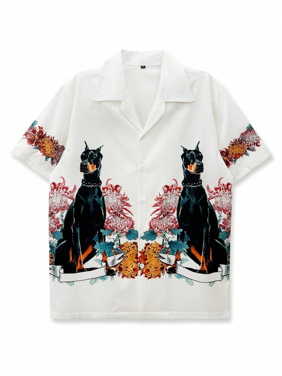 印花衬衫、休闲衬衫、沙滩衬衫、男士短袖、休闲外出、度假风格、夏威夷衬衫、狗花卉印花图案