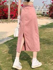 女式可调节腰部休闲复古水洗开衩中长牛仔半身裙，宽松修身