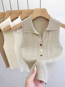 1 pieza Polo de punto sin mangas con cuello falso de ajuste corto para mujer con botones dorados, negro, blanco, albaricoque, rosa, morado