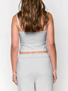 Women's Casual Striped Knit Fabric Button-Up Camisole Tank Top, Versatile For Daily Wear, Going Out, Date, Loungewear, Party Summer - Grey - View 2