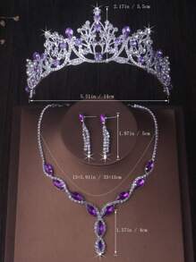 Bridal Accessories Wedding Purple Crown Chain Birthday Party Stage Performance Crown Wedding Dress Crown Headwear Necklace Earring Set - Bộ vương miện + vòng cổ + hoa tai - Xem 2