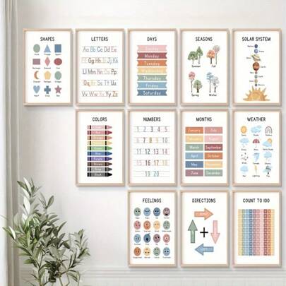 BAEMEFLE 12pcs Educational Posters Set - Alphabet, Numbers, Shapes, Colors, Seasons, Weather, Directions, Counting, Emotions - Unframed Wall Art Prints For Nursery, Classroom, Homeschool Decor