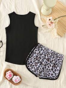 Set de 2 piezas de pijama sin mangas ajustado para niñas, top tipo tank con estampado lindo de gato y leopardo y shorts, conjunto de ropa de casa casual y cómoda para verano - Negro - Ver 2