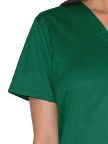 Blusa de cuello en V de manga corta, de estilo informal y uniforme de trabajo, de tela mate, para primavera - Verde - Ver 5