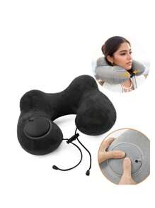Oreiller de voyage gonflable réglable, coussin de support pour le cou portable pour avion, train et voiture avec un ensemble gratuit de masque pour les yeux 3D et de bouchons d'oreille
