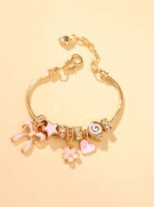 1pc Pink Heart, Star, Bow Lollipop, Flower Charm Bracelet, Unique Design, Rhinestone Inlaid, Gift, No Gift Box - Gold - View 2