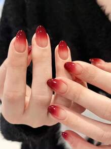 24 uñas postizas ovaladas cortas en degradado de rojo vino, con 1 lima de uñas y 1 frasco de gel de gelatina, suministros para manicura de aplicación a presión - Burdeos - Ver 6