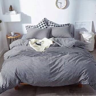 3pcs Simple Plaid Soft Duvet Cover Set(2Pillowcases And 1Duvet Cover)
