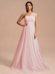 Elegant Maxi Asymmetric Shoulder Net Tulle Bridesmaid Dress, Formal Party Wedding Gown - Pink - View 3