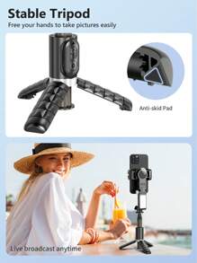 TOKQI 四合一便携式智能手机三脚架，带云台稳定器、人脸追踪、补光灯、360°旋转、可伸缩铝合金杆、无线遥控器，兼容 14/13和安卓手机，用于视频录制 - 黑色 - 查看 9