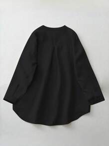 女士亚麻衬衫，休闲舒适长袖圆领纽扣衬衫，适合春秋季穿着，黑色 - 黑色 - 查看 2