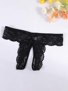 女士性感黑色半透明蕾丝拼布开裆内裤 - 黑色 - 查看 5
