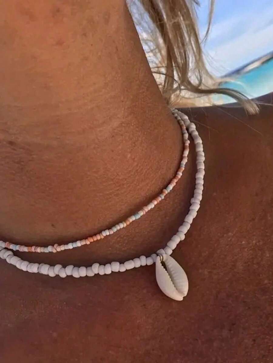 2pcs Bohemian Colorful Beads & Seashell Pendant Necklaces, Beaded Choker For Summer Beach - White - View 1