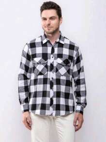 Men's Long Sleeve Plaid Flannel Shirt - 白色 - 查看 5
