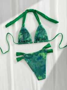 Sexy Summer Random Printed Bikini Swimwear, Beach Holiday Swimming Costume - Green - View 5