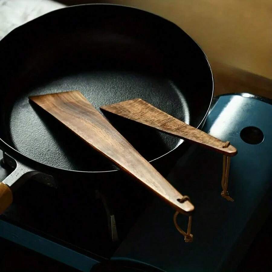1 pieza Espátula doméstica, se puede colgar para guardarla, espátula para cocinar a la plancha para exteriores, utensilios de cocina espátula para freír - color madera - Ver 1