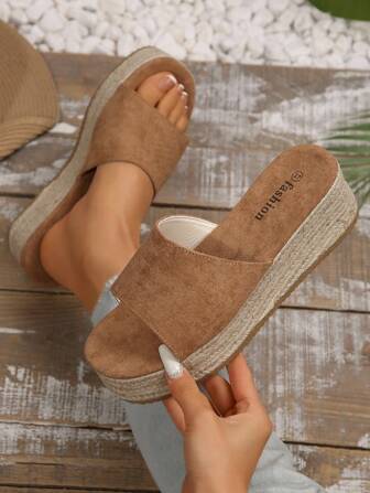 女士时尚露趾坡跟拖鞋，绳带露趾罗马风格棕色沙滩凉鞋，优雅百搭厚底休闲鞋