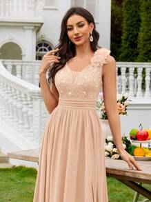 MIUSOL Đầm maxi dài không tay, xếp ly, xẻ tà, chất liệu chiffon, đính sequin và ren hoa, thích hợp cho tiệc cưới, lễ tốt nghiệp, tiệc chiêu đãi và các dịp khác, kiểu dáng thanh lịch mùa hè. - Rượu sâm banh - Xem 10