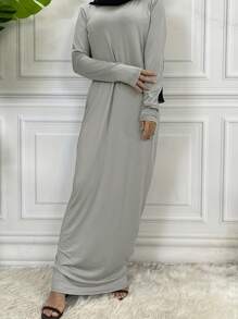 Ramadan Round Neck Casual Solid Color Maxi Loose Flowy Fit Abaya Dress, Minimalist Style Long Sleeve Robe, Suitable For Spring Summer Autumn, Modest - Grey - View 1