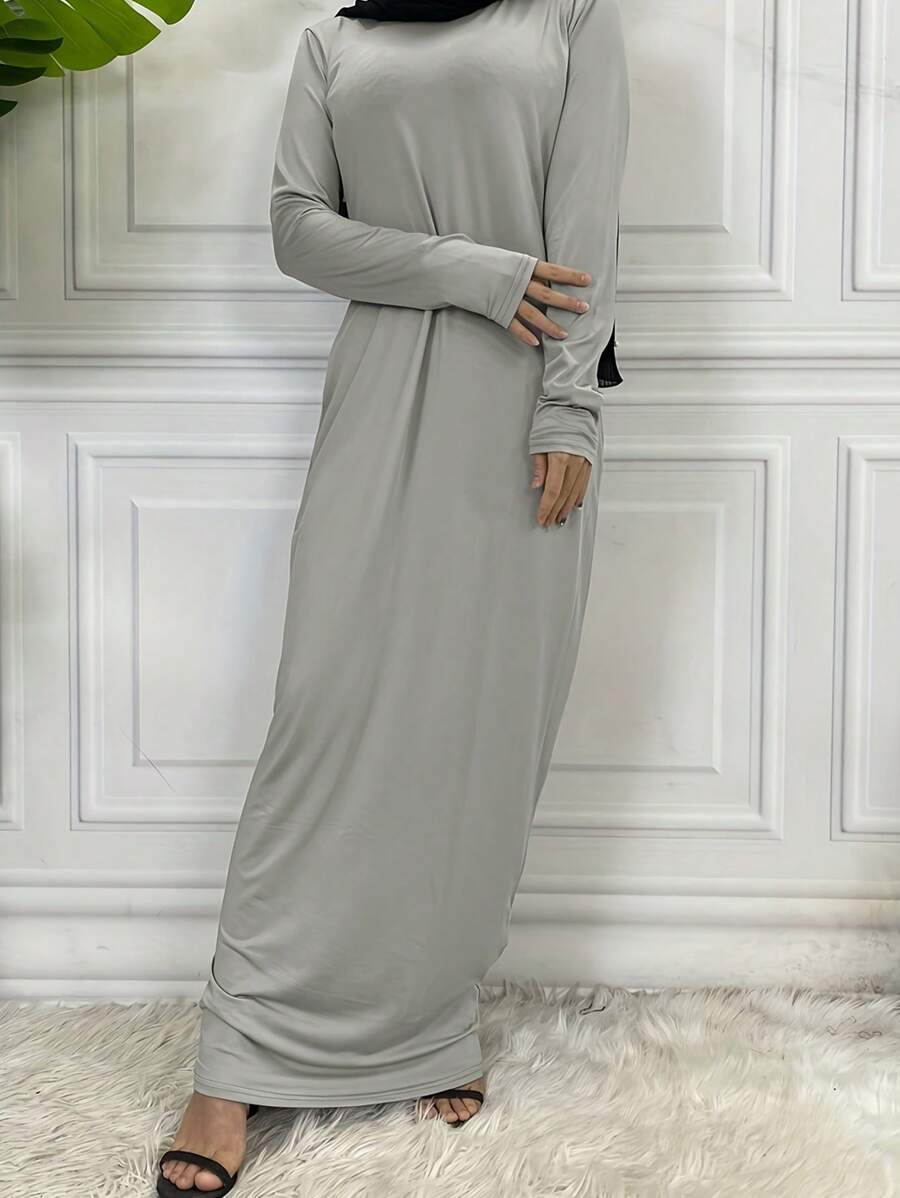 Ramadan Round Neck Casual Solid Color Maxi Loose Flowy Fit Abaya Dress, Minimalist Style Long Sleeve Robe, Suitable For Spring Summer Autumn, Modest - Grey - View 1