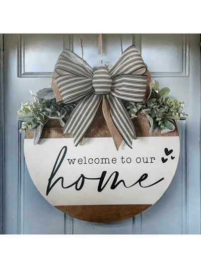 木制圆形标志悬挂欢迎标志，农舍门廊春季欢迎标志，用于前门装饰，前门装饰，欢迎来到我们家，前门花环，乔迁礼物