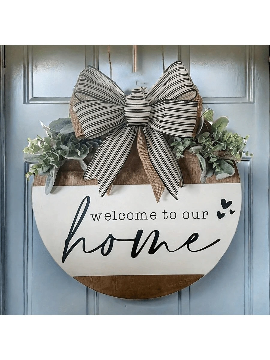 木制圆形标志悬挂欢迎标志，农舍门廊春季欢迎标志，用于前门装饰，前门装饰，欢迎来到我们家，前门花环，乔迁礼物
