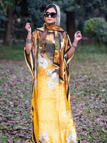 1pc Women Floral Printed Faux Silk Long Scarf With Hijab, Loose Plus Size Shawl For Homewear, Suitable For Summer & Autumn, Indoors And Air-Conditioned Rooms, Abaya Hijab, Modest Kaftan