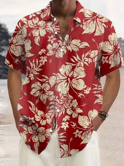 Plus Size Men's Retro Lily & Tropical Floral Print Button-Down Short Sleeve Shirt