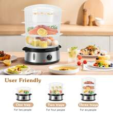 1 件 9L 电蒸锅，3x3L，800W 功率，不锈钢底座，旋钮控制，配有 1 个饭碗、透明蒸篮、水位指示器、双进水口、防干烧保护、健康、易于存放，非常适合蒸制食物 - 查看 2