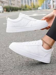 Giày thể thao da buộc dây màu trắng mới cho nữ, giày thể thao đế dày mũi tròn cổ thấp, giày vải canvas thoáng khí chống trượt thời trang dành cho học sinh - trắng - Xem 3