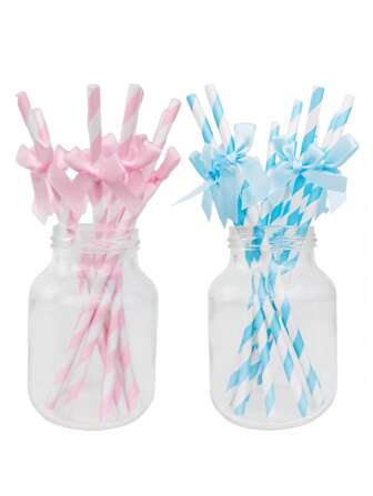 6 件蝴蝶结和条纹纸吸管，婴儿性别揭晓派对装饰配件