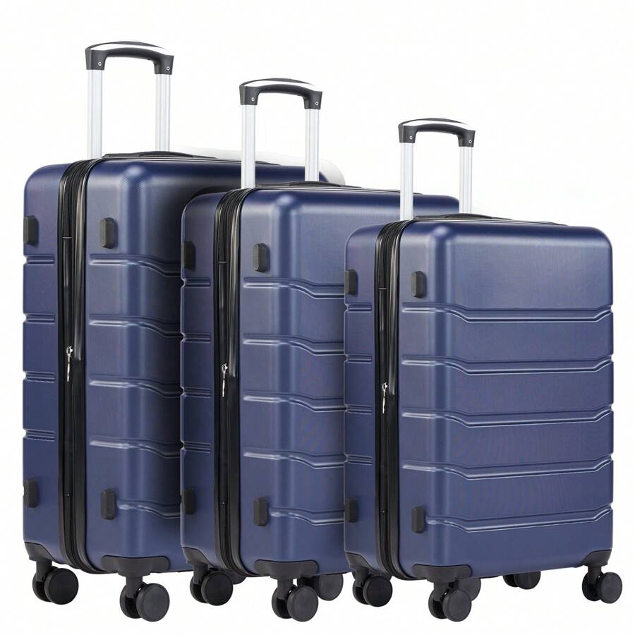 3-Piece Hard-Shell Suitcase Set Basic Hard-Shell Suitcase Trolley Suitcase Luggage Travel Suitcase Travel Trolley Rolling Suitcase Lock 4 Wheels Hard Shell Telescopic Handle - 藍色 - 查看 1