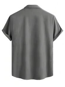 男士短袖休闲纽扣纹理衬衫，防皱夏季沙滩衬衫 - 灰色 - 查看 4