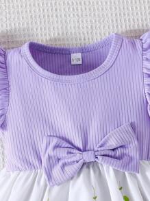 Baby Girl Summer Cap Sleeve Butterfly Print Bow Decor Waist Cute Dress - Purple - View 3