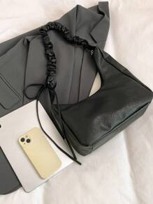 1pc Retro Solid Color Elegant Draped Asymmetric Shoulder Bag, Suitable For Women Daily Use & Gift - Black - View 8