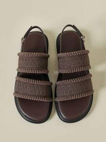 Sandales à semelle épaisse à boucle, compensées à bout ouvert pour l'extérieur et la plage, style bohème rétro, semelles souples et antidérapantes, confortables et pas fatiguantes, en mailles tressées marron avec franges, compensées de sport casual, nouvelle collection printemps automne 2025, grande taille femme 41-43