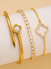 Elegante y brillante conjunto de pulsera de acero inoxidable con trébol de cuatro hojas en circonia, adecuado para uso diario y como regalo para amigos
