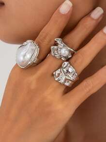 3pcs/Set Retro Metal Elegant Faux Pearl Inlaid Design Rings, Can Be Worn Separately Or Combined, Suitable For Women's Daily Outfit Decor, Dates, Gatherings, Parties - 3-piece Ring Set - View 4