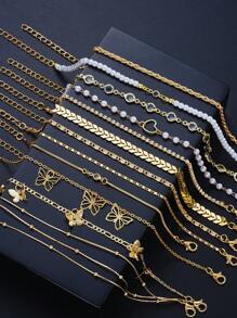 12pcs Butterfly & Heart Shaped Rhinestone Anklet Set, Women Summer Beach Holiday Party Accessory - Style 1 - View 3