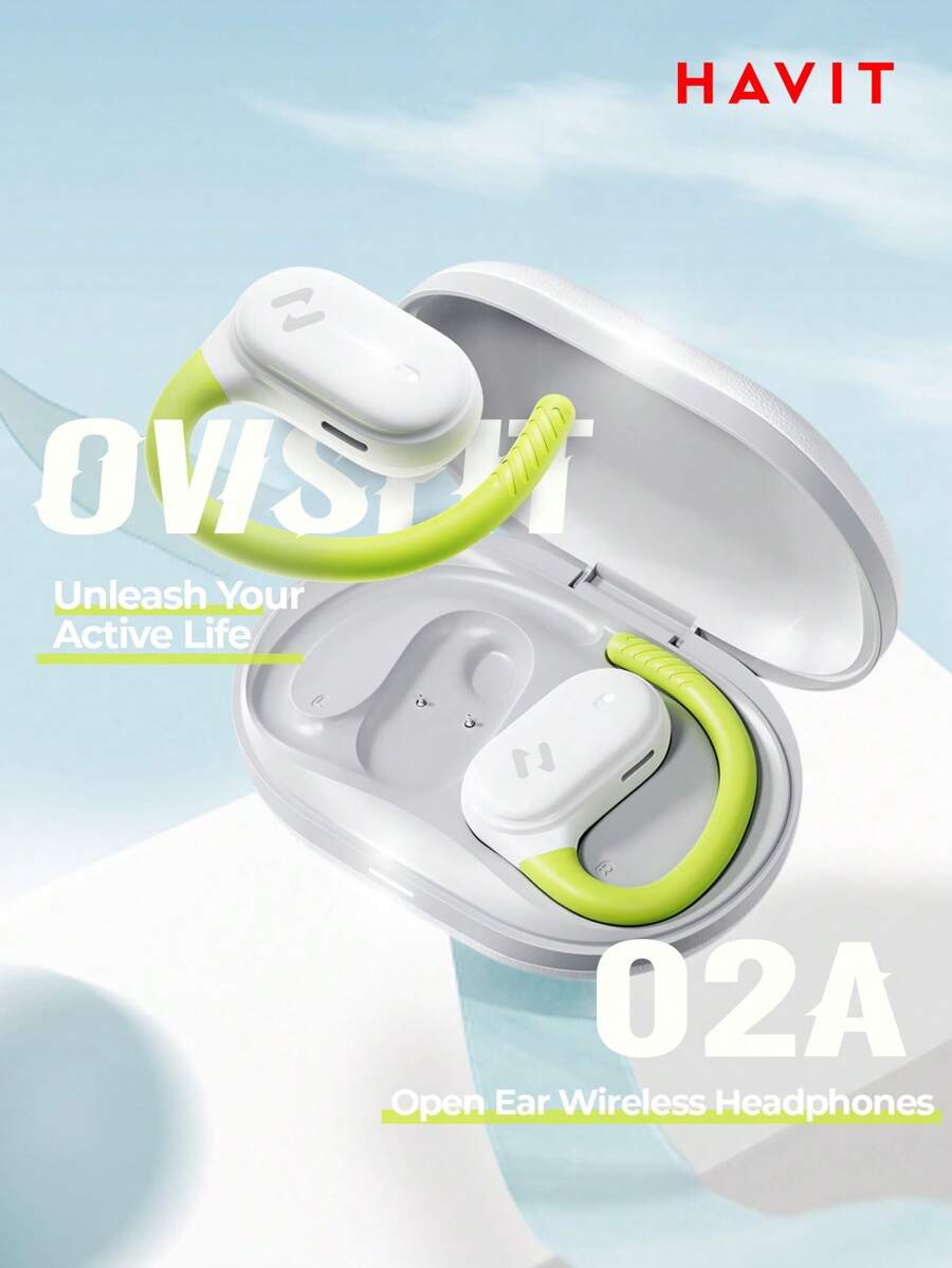 havit 开放式耳机，Rinning 耳机，电池续航时间长达 64 小时，并配备 ENC 增强型清晰通话功能，白色耳机，IPX5 防水，可调节耳钩，超舒适，可连接双设备 -OWSFIT02A - 白色 - 查看 1