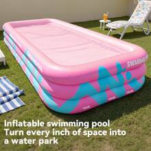 1pc Pink Striped Inflatable Pool, Suitable For Leisure, Entertainment, Party Water Activities