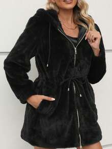 Risissida Damen Jacke mit Kapuze und Tunnelzug in der Taille, Fake-Pelz Warmer Mantel - ideal für lässigen Herbst/Winter Alltag - Schwarz - Übersicht 5