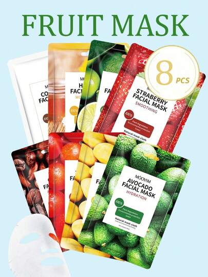 Mooyam 8片装美白保湿水果面膜套装，草莓奶油、芒果、椰子、番茄、青柠、咖啡、蜂蜜口味，保湿、抗衰老、提亮肤色、舒缓肌肤，韩国配方，男女皆宜，护肤及面部护理，母亲节礼物、生日礼物