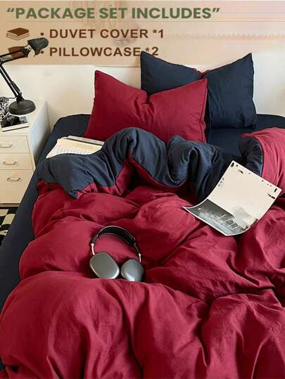 3pcs Burgundy & Navy Blue Reversible Soft Dorm/Bedroom Duvet Cover Set, 1 Duvet Cover & 2 Pillow Shams, Machine Washable, Without Filler